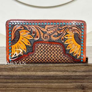 Designer Handcrafted Genuine Cowhide Leather Western <b>Wallet</b> for Women Floral Zipper Long <b>Clutch</b> with Card Slots & Cash Pocket - Product Image 1