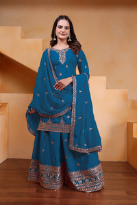 Vichitra Blooming <b>Sequin</b> Embroidered Top With <b>Flared</b> Palazzo And Dupatta Women Three Piece Festive Salwar Suit Set - Product Image 3