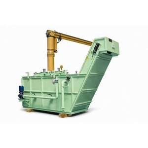 Système de filtration d'huile industriel autonettoyant, construction métallique verte avec bras hydraulique et unité de pompage - Product Image 1