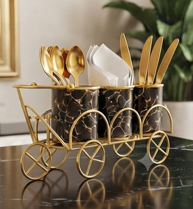 Gold Metal Cart-Shaped Cutlery Holder with Wheels 3-Piece <b>Utensil</b> <b>Organizer</b> Rack for Kitchen Tableware - Product Image 3