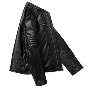 Men's Black Leather Moto Biker Jacket Stand Collar Zipper Closure Regular Fit Autumn Wear - Product Image 4