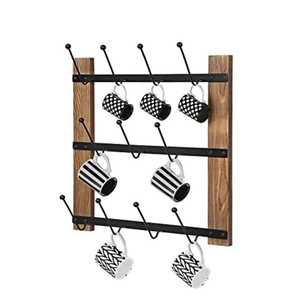 Supports rustiques en bois avec trois barres horizontales en métal noir pour six tasses en céramique à motifs géométriques noirs et blancs - Product Image 1