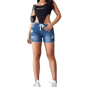 Shorts en jean taille haute déchirés avec cordon de serrage, ourlet effiloché et détails déchirés, style décontracté pour femme - Product Image 6