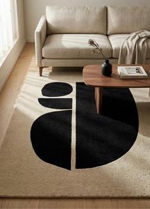 Alfombra Nórdica Monocromática Hecha a Mano - Alfombra de Lana Afelpada con Forma Geométrica Abstracta en Negro y Crema Marfil - Product Image 2