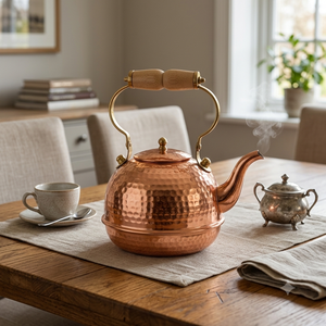 Bouilloire à thé ronde en cuivre martelé pour cuisinière, avec poignée vintage en laiton et manche en bois, théière turque, ustensile de cuisine, vaisselle à thé - Product Image 5