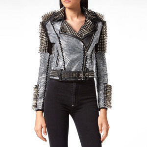 MAKUM INTERNATIONAL Women's Silver Studded Breathable Thick Lambskin <b>Leather</b> Motorcycle Jacket Zip up Turn Down Collar <b>Rivet</b> - Product Image 1