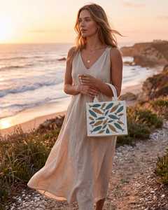 Sac fourre-tout rectangulaire en toile brodée à la main avec motif de poisson en bleu sarcelle et or, artisanat, point de croix et broderie - Product Image 2