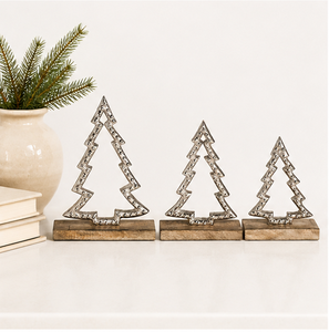 Elegant Set Of 3 Minimalist Cutout Metal Xmas <b>Trees</b> Sculpture Natural Wooden Stand Silver Hammered Finish Christmas Centerpiece - Product Image 2