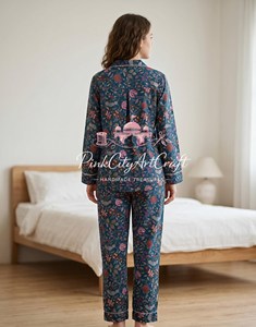 Handcrafted Indian Cotton <b>Summer</b> Eco-Friendly PJ Set Floral Block Print Nightwear Breathable Long Sleeve Shirt <b>Pyjama</b> Ensemble - Product Image 2