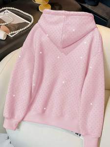 Sudadera con capucha rosa minimalista con pedrería para hombre, 400 GSM, forro polar de algodón, estilo oversize, streetwear, con cordón, proveedor de marca privada - Product Image 3