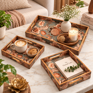 Plateau de service contemporain en bois artisanal imprimé avec des motifs d'oiseaux et de fleurs, avec poignée, pour la décoration de la maison, pour les célébrations de Diwali et de mariage - Product Image 6