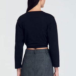 Women's <b>Black</b> Cropped <b>Long</b> Sleeve <b>T</b>-<b>Shirt</b> O-Neck Knitted 100% Cotton Slim Fit Minimalist Style All Seasons Wear - Product Image 3