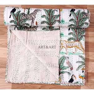 Couvre-lit indien fait main Kantha, 100% coton, imprimé à la main, motif animalier, poids du tissu 220g, origine Rajasthan - Product Image 5