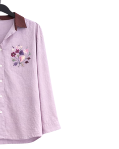 Women Lavender Embroidered Shirt And Burgundy Wide Leg <b>Pants</b> Two Piece Set Casual Cotton Linen Outfit Loose Summer Clothing OEM - Product Image 4