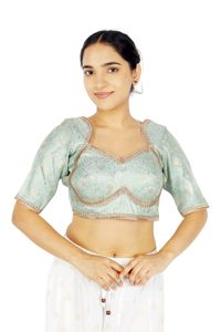 Blouse Courte Femme en Soie Brocart Brodé Floral Vert Clair 100% Soie, Col Carré, Manches Courtes, Robe de Soirée pour Lehenga - Product Image 1