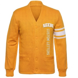 Cardigan universitaire unisexe violet à col en V pour homme, en chenille acrylique, double boutonnage, style Letterman, ouvert sur le devant - Product Image 6