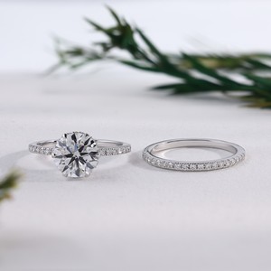Round Cut White <b>Gold</b> Lab grown Diamond Engagement <b>Ring</b> <b>Set</b> Classic Matching Pave Wedding Band Bridal <b>Ring</b> <b>Sets</b> Fine Jewelry - Product Image 1