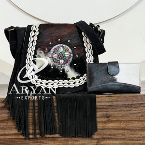 Conjunto de 2 piezas a juego al por mayor: Bolso bandolera de cuero genuino de vaca con flecos y cartera de cuero con pelo, estilo bohemio occidental. - Product Image 1