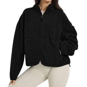 Ladies Black Custom Logo Zip Up <b>Drop</b> Shoulder Sherpa Jackets Outdoor <b>Stand</b> Collar Loose Fit Plain Fleece Sweatshirts - Product Image 1