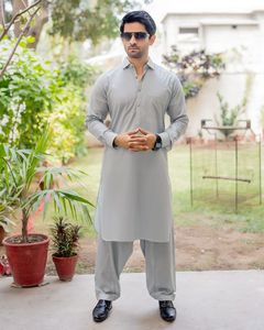 Ensemble Kurta Pyjama en Coton Gris Clair pour Homme, Coupe Classique, Longueur Cheville, Style Traditionnel Décontracté Inde Pakistan - Product Image 6