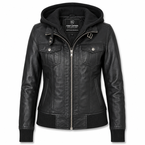 Blouson Bomber en Cuir Noir à Capuche Roslyn pour Femme, Veste Moto avec Fermeture Éclair, Col Étendu, Couleur Unie, Automne, Coupe-Vent en Polyester - Product Image 1