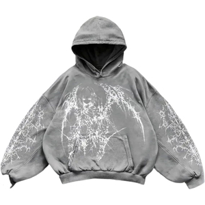 Sudadera con Capucha Oversize Gris con Estampado Abstracto Blanco, Manga Murciélago, Corte Crop, Unisex, de Algodón Tejido, Estilo Urbano - Product Image 1