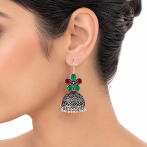 Pendientes Colgantes de Flor de Plata Oxidada, Chapados en Estilo Antiguo, con Piedras Rojas y Verdes, Joyería para Bodas y Fiestas - Product Image 6