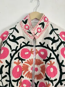 Handmade Suzani <b>White</b> Cotton <b>Jacket</b> Pink Floral Embroidered Bohemian Stand Collar Women <b>Short</b> Coat - Product Image 3