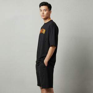 Conjunto de 2 piezas para hombre, estilo hip hop personalizado, corte holgado, desgastado, informal de verano, 100% algodón, transpirable, talla grande. - Product Image 4