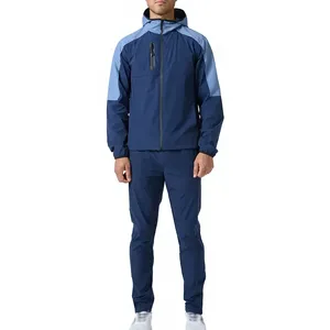 Ensemble de survêtement bleu foncé pour homme, veste zippée à col rabattu et pantalon de sport assorti - Product Image 4