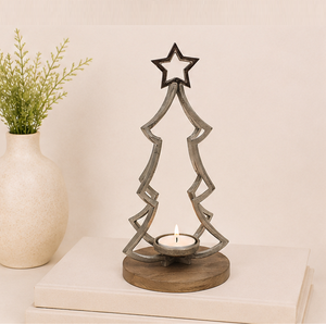 Handmade Metal Wire Christmas Tree Candle Holder With Rustic Mango Wood Base Elegant Silver Finish Tealight <b>Stand</b> For Home Table - Product Image 6