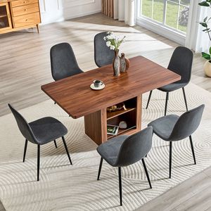 Set Tavolo da Pranzo Allungabile 59-71 Pollici con Sedie, Tavolo Estraibile in MDF, Materiale in Lino e Cotone Grigio Scuro, Abbinato a 6 Sedie - Product Image 1