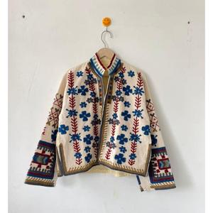 Traditional Suzani Inspired Velvet <b>Jacket</b> <b>Women</b> Blue Floral Embroidery Ethnic Vintage <b>Spring</b> Outerwear - Product Image 1
