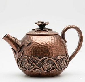 Durable Quality Vintage Hammered Copper Teapot with Floral Lid and Leaf Relief Design <b>Tea</b> & <b>Espresso</b> <b>Supplies</b> Kitchen Restaurant - Product Image 2