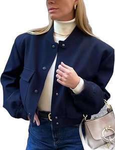 Women's Solid Color Varsity <b>Jacket</b> Full <b>Sleeve</b> Stand Collar Button Closure <b>Short</b> Length Autumn Wear - Product Image 6