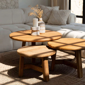 Rustic Durable Modern Nesting Kenzo Coffee Table <b>Set</b> Sustainable Solid Teak Wood Artisanal Side Tables <b>Space</b>-<b>Saving</b> Living Room - Product Image 1