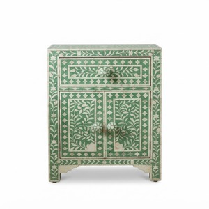 Table de chevet en os incrusté vert sauge, motif floral fait main, 2 tiroirs, table de nuit incurvée, artisanat indien en gros, accent personnalisé - Product Image 3