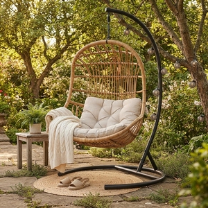 Handcrafted natural rattan <b>hanging</b> egg chair cushioned swing lounge <b>seat</b> outdoor indoor balcony patio furniture setup product - Product Image 5