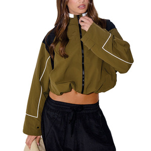 Custom Women Cropped Track Windbreaker <b>Jacket</b> <b>Lightweight</b> Streetwear Waterproof Striped Zip Up Outerwear OEM <b>jacket</b> for men USA - Product Image 3
