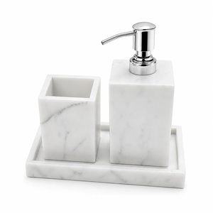 White Luxury Eco-Friendly Marble <b>Square</b> Bathroom <b>Set</b> with Dispenser and Tumbler for Home Office Cafe Restaurant Use - Product Image 1