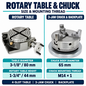 Table rotative horizontale et verticale de 80 mm à 4 emplacements avec mandrin auto-centrant à 3 mors de 65 mm, plaque arrière M14x1, écrous en T et boulons pour fraisage - Product Image 6