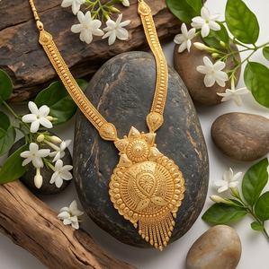 Parure de bijoux ethniques classiques Divyoro en or, collier, boucles d'oreilles et pendentif pour femme, idéale pour fiançailles et mariage, en alliage plaqué or 24 carats, origine Orissa - Product Image 4