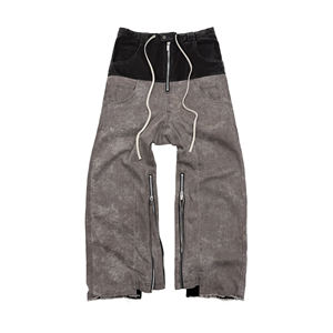 Vaqueros de mezclilla personalizados de lavado claro con elastano/algodón, corte recto, transpirables, de tiro medio, estilo streetwear, con efecto bigotes y parches para hombre - Product Image 1