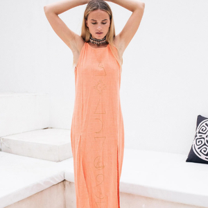 Vestido Maxi de Algodón Orgánico Coral para Mujer, Vestido Boho con Flecos de Sol y Luna, Abertura Larga, Atuendo de Verano - Product Image 2