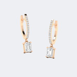 1.20 CTW <b>Emerald</b> and Round Cut Diamond Huggie <b>Drop</b> <b>Earrings</b> - Product Image 6