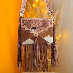 <b>Unique</b> Western Style Tooled Cowhide Fur 100% Genuine Leather Shoulder Sling Fringe Bags Animal Print Vintage Crossbody Sling Bag - Product Image 1