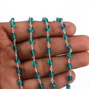 Apatite Hydro <b>Beaded</b> Rosary Chain With Natural Oval Shape 5x6mm <b>Silver</b> Plated Chain Roll Wholesale Bulk Jewelry Making Supply - Product Image 6