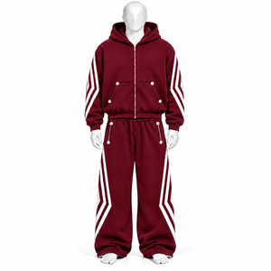 Conjunto Deportivo con Capucha Color Granate para Hombre, Sudadera Holgada con Cierre y Pantalones con Rayas Blancas - Product Image 1