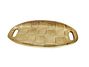 Plateau décoratif ovale en métal argenté avec motif à carreaux et poignées intégrées, design rustique, finition vieillie antique - Product Image 6