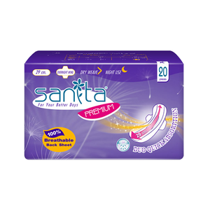 Toallas Sanitarias Premium Sanita de 29 cm con Alas para Uso Nocturno, Alta Absorbencia, Revestimiento Trasero Transpirable, 20 Unidades - Product Image 1